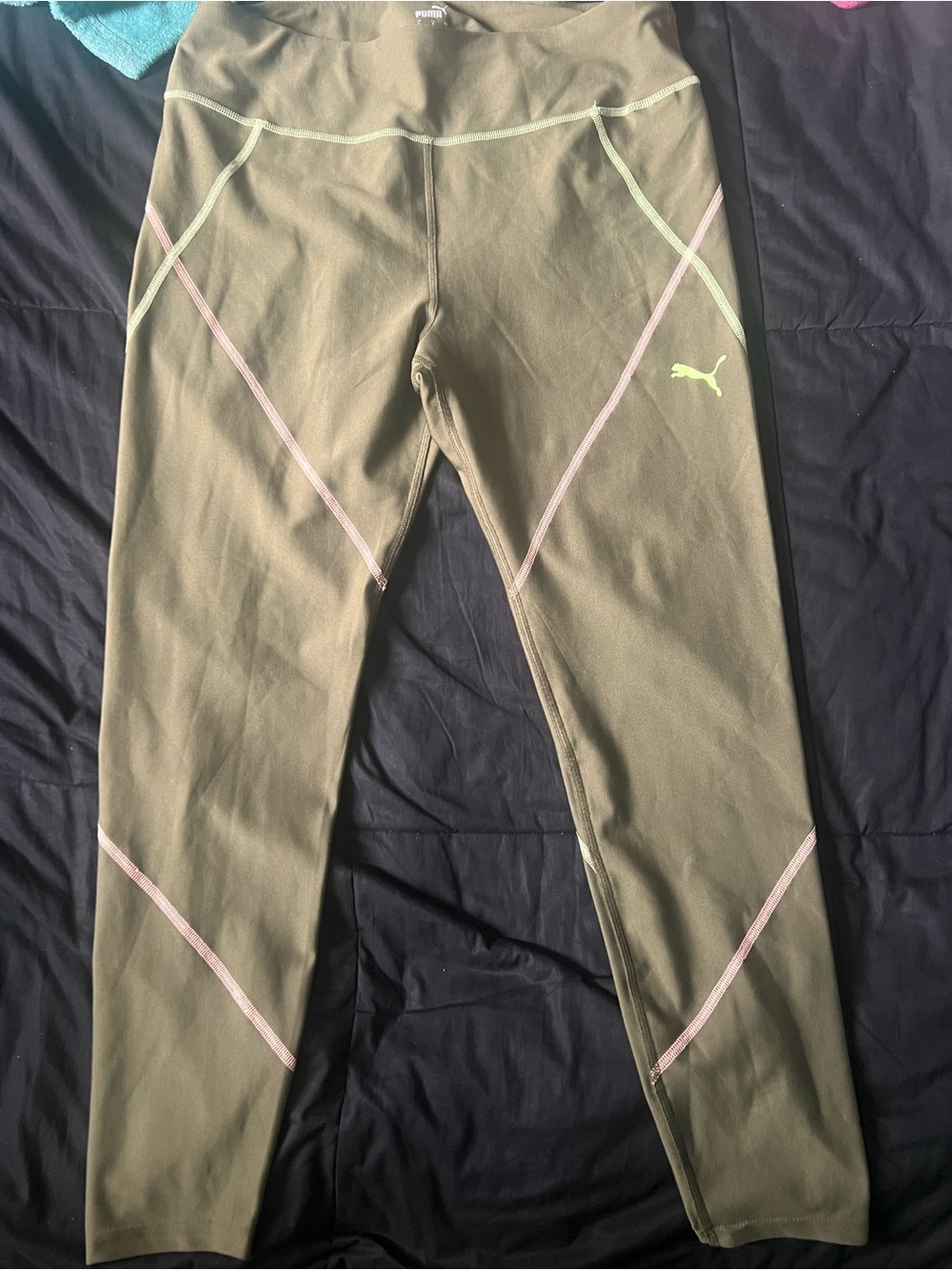 Puma Olive Green Leggings with Pale Pink Accents